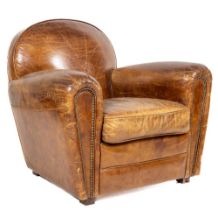 A good Club type Easy Armchair, covered in tan hide with cushion seat. (1)