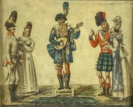 19th Century Scottish School A caricature watercolour with one man band in centre, and military