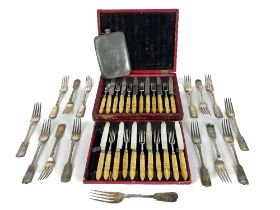 A set of 9 heavy silver plated and crested fiddle pattern Table Forks, a set of 6 similar ditto,