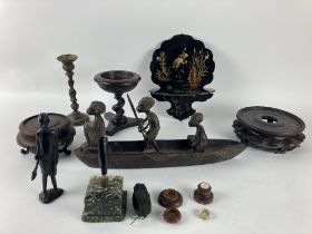 A Victorian rosewood Table Centre, on triform base, 17cms (6 1/2"), two Chinese Vase Stands, a