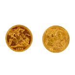 Gold Coins:  An 1896 half-Sovereign (gold), Queen Victoria (some wear); a 1908 half-Sovereign (gold)