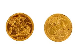 Gold Coins:  An 1896 half-Sovereign (gold), Queen Victoria (some wear); a 1908 half-Sovereign (gold)