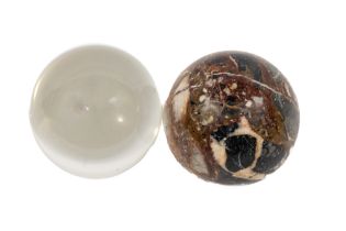 Geological Specimens: A polished quartz Sphere, approx. 10cms (4") diameter; together with a