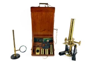 A good brass and steel Microscope, Ser No. 369, by Field & Son, Birmingham, with various slides,