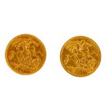 Gold Coin: A 1907 & 1910 half-Sovereign, gold, King Edward VII Coins, good, as coins. (2)