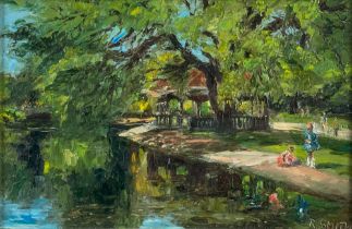 R. Smith, Irish XX-XXI "Saint Stephen's Green," Pond Scene with Children playing to the right, O.O.