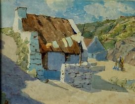 Daniel Corkery, Irish (1878-1964) 'Thatched Cottages & Yard,' watercolour, together with '