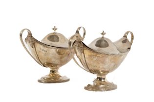 A good pair of oval silver Sauce Tureens & Covers, each on oval stem base by Charles Stuart