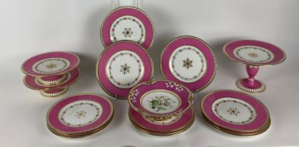 A 15 piece colourful Spode porcelain Dessert Service, in pink and white with hand painted bands of