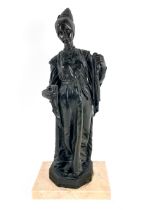 A late 19th Century bronze Figure, of a Medieval Lady wearing a long dress, a bead necklace and a