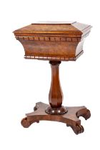 A fine quality William IV Irish mahogany Tea Caddy, on stand, the sarcophagus top with slanted