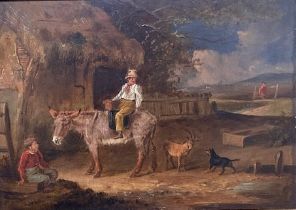 English School "Figure on a Donkey outside a Thatched Cottage," O.O.P., 17cms x 24.5cms (6 3/4" x