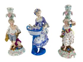 A pair of Dresden Augustus Rex figural Candlesticks, modelled with boy and girl, 27cms (10 1/2") and