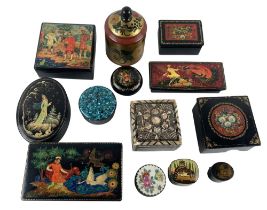 A collection of lacquered and decorated Boxes, mainly Russian, some Signed  various sizes and