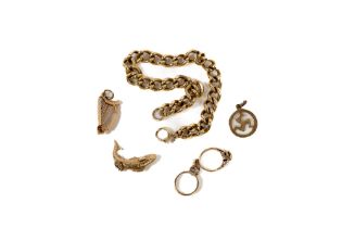 A Ladies gold link Bracelet, approx. 18cms (7") long (open); together with four gold charms. (5)