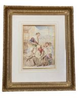 English School "Woman and Children at a Fruit Stall," watercolour, 33cms x 24cms (13" x 9 1/2"). (1)