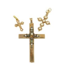 An attractive small cased gold Crucifix, with seed pearls; and two smaller similar ditto. A lot. (3)