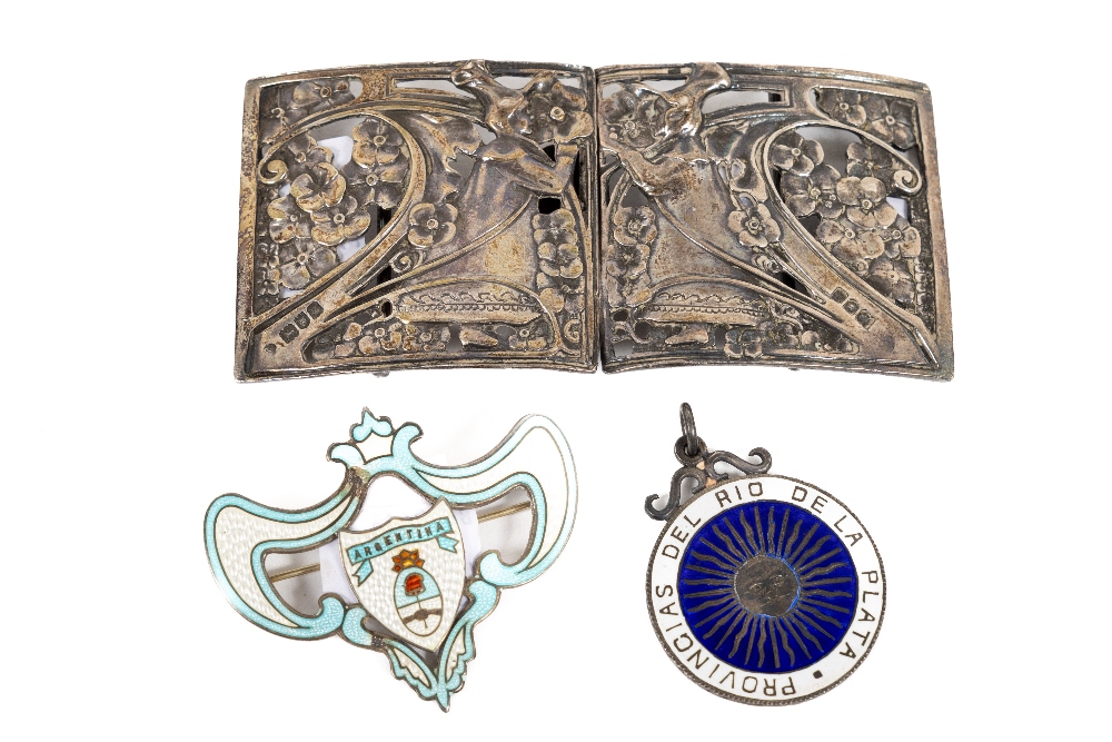 An attractive Art Nouveau silver two part pierced and decorated Ladies Belt Buckle, with floral