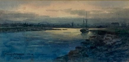William Percy French, Irish (1854-1920) 'Rye,' watercolour, extensive River Landscape at Sunset,
