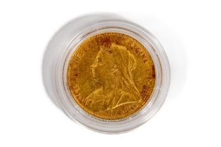 Gold Coin:  A 1900 full Sovereign, Queen Victoria, some wear, in plastic. (1)