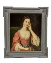 Late 18th Century English School Fine "Portrait of a Lady wearing a red satin dress with lace