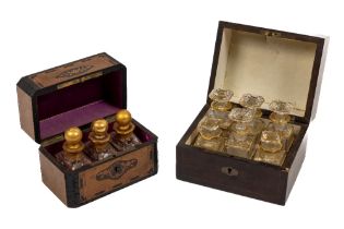 A 19th Century Ladies brass inlaid rosewood Perfume or Apothecary Box, with original glass bottles