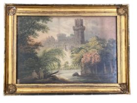 19th Century Irish School "View of a Castle by a River, - (probably Lismore)" watercolour,  13" x