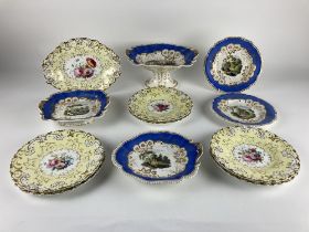 A colourful English porcelain yellow and white ground floral part Dessert Service, comprising 6