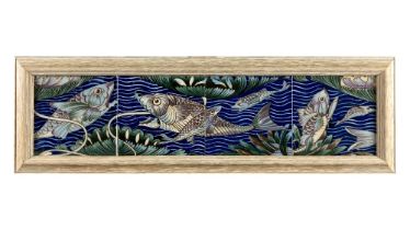 After William de Morgan (1839-1917) A set of four Persian Fish Frieze Tiles, mounted and framed,