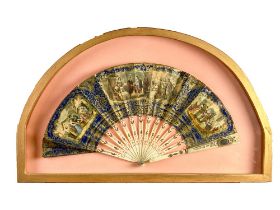 A fine late 18th Century cased French Fan, in tortoiseshell and parcel gilt with colourful