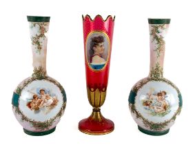 A late 19th Century Bohemian ruby glass Portrait Vase, 39cms (15 1/2''); together with a pair of