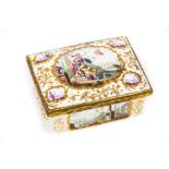 A fine quality 18th Century enamel and gilt metal Pill Box, decorated with typical romantic