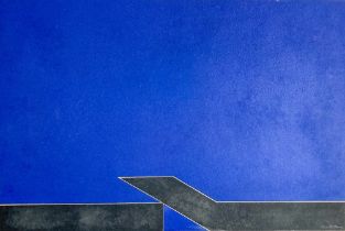 Cecil King, Irish (1921-1986) 'Intrusion,' O.O.B., abstract on blue ground with black lines, mounted