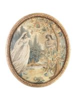 18th Century "Shepherdess with her Sheep," An oval silk work Picture within a floral border, 44cms
