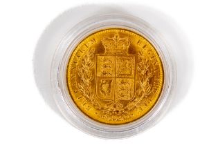 Gold Coin: An 1872 full Sovereign, Queen Victoria, shield back, good, in plastic. (1)