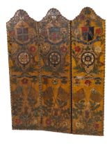A Triptych composed of leather over wooden boards, each panel is decorated with: 1. National