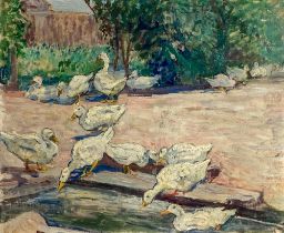 Mabel Harrison (XIX-XX) (EXH 1907-36) "Ducks around a Pond," O.O.P., 37cms x 46cms (14 1/2" x