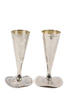 A good pair of hammered Arts & Crafts silver Vases, London 1990 by JAT, 925 each 23cms (9"), 24.41