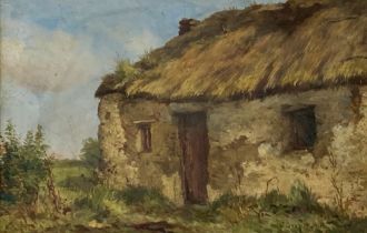 James Grey, RHA (Fl. 1864-1887) "Derelict Cottage," O.O.B., Rural Scene with thatched Cottage,