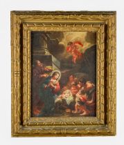 Late 17th / Early 18th Century Flemish School  "The Nativity," O.O.C., a busy interior scene with