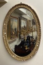 A large late 19th Century oval gilt Mirror, with leaf decoration and bevelled mirror, approx. 102cms