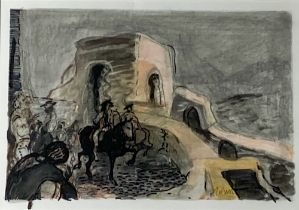 John Piper (1903-1992) 'Horses and Riders in Southern Spain, c. 1950' watercolour and charcoal on