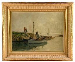 James Humbert Craig, RHA (1877-1944) A Silver Morning," O.O.C., Pier Scene with Fishermen