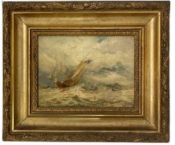 Irish School "Ships in a Stormy Sea," O.O.C., 14.5cms x 19cms, bearing a copy of the label verso