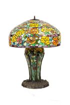 A very attractive large Tiffany style bronzed and stained glass Table Lamp, with colourful