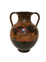 A fine Ancient Greek style terracotta Amphora Vase, with two handles, decorated with a reclining