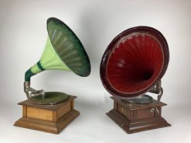 An old oak cased Gramophone, with green painted metal horn, and another walnut cased ditto 'His