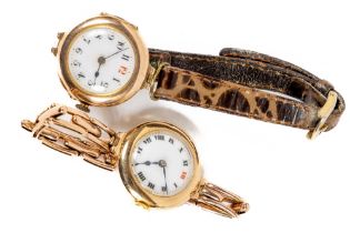 A Ladies Wrist Watch, with circular enamel dial and Roman numerals in a gilt metal case with link
