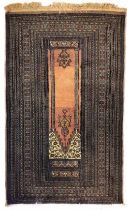 A fine large dark multi border Persian Prayer Rug, with two columns and arched top on a rust