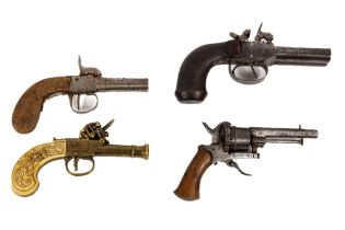 Militaria: A 19th Century double barrel Percussion Pistol, with mahogany handle; a single barrel